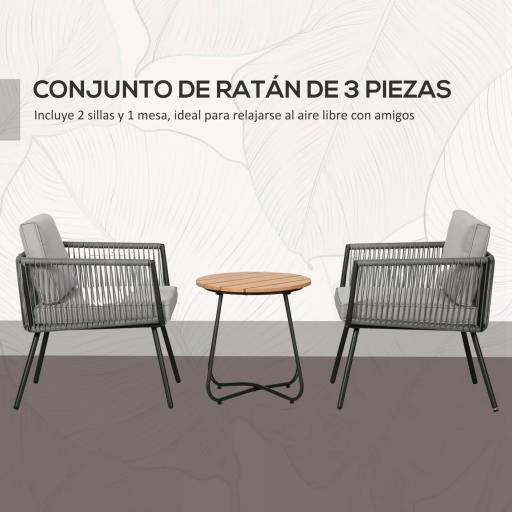 Conjunto de Muebles de Jardín de Ratán 3 Piezas Incluye 1 Mesa y 2 Sillones con Cojines Acolchados Gris [2]