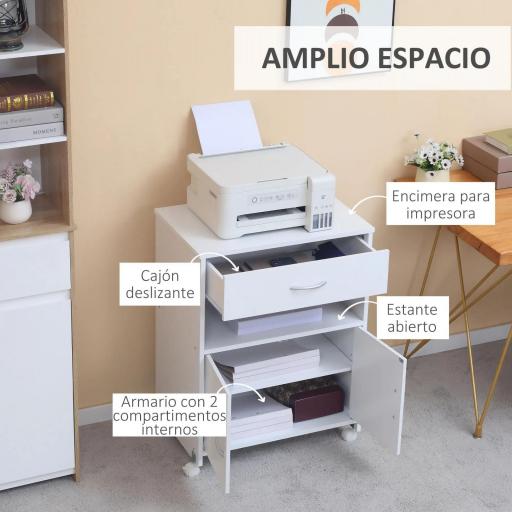 Armario para Impresora con Ruedas Cajón 2 Puertas y Estante para Salón Oficina Estudio 60x39x80 cm Blanco [2]