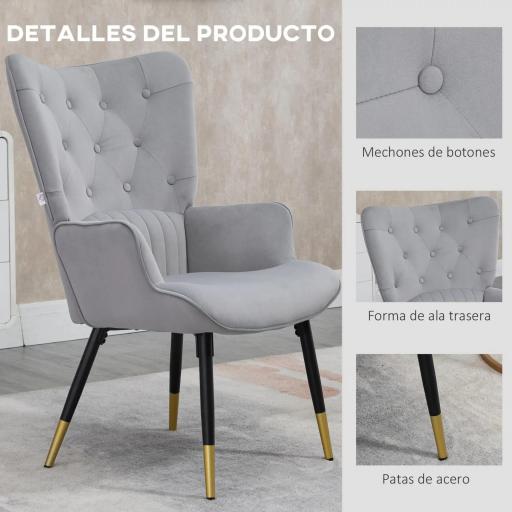 Butaca de Salón Sillón Individual Tapizado en Terciopelo con Respaldo Alto Estilo Moderno 68x72x103 cm Gris Claro [5]