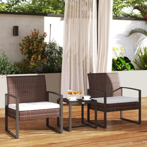 Conjunto de Mesa y Sillas de Jardín para Exterior Incluye 2 Sillones y 1 Mesa de Centro de Vidrio Marrón [5]