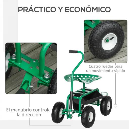 Asiento de Jardín con Ruedas Asiento Giratorio y Ajustable en Altura Bandeja de Herramientas Cesta para Exterior Verde [4]