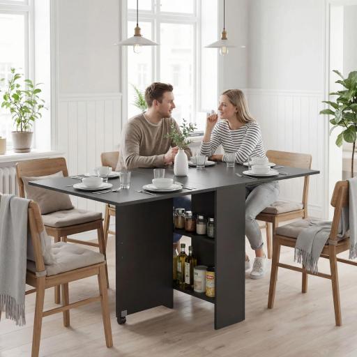 Mesa de Cocina Plegable con 2 Ruedas 2 Estantes de Almacenaje y 2 Alas Abatibles Estilo Moderno 75x140x74 cm Negro