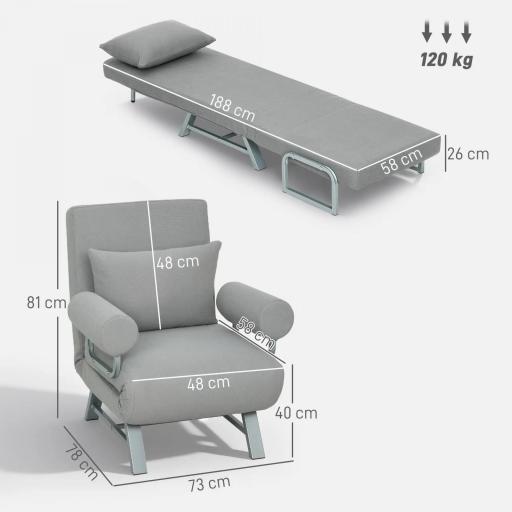 Sillón Cama Individual 3 en 1 Sofá Cama Plegable con Respaldo Ajustable y Cojín para Sala Dormitorio 73x78x81 cm Gris [1]