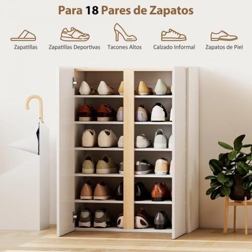 Zapatero de 6 Niveles con 2 Puertas en Blanco Brillo con Cierre Suave y Estantes Ajustables 70x33,5x95 cm Blanco [4]