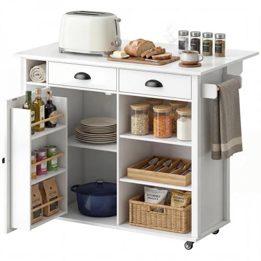 Isla de Cocina con Ruedas Tapa Abatible Especiero Toallero Armario 2 Cajones 117,5x70x91 cm Blanco [9]