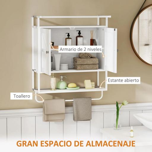 Armario de Pared para Baño Mueble de Baño Suspendido con 2 Puertas Estante Toallero 63x34x75 cm Blanco [2]