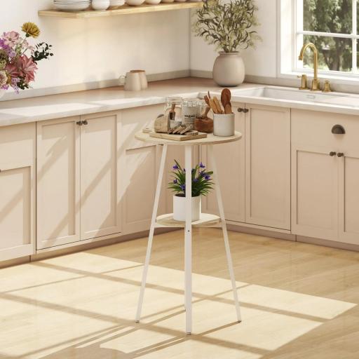 Mesa Alta Cocina Redonda con Estante de Almacenamiento Moderna para 2 Personas 55x55x95 cm Madera Natural y Blanco [7]
