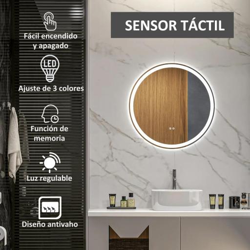 Espejo para Baño Redondo Ø60 cm con Luces LED Ajustable Antivaho Función de Memoria e Interruptor Táctil Plata [2]