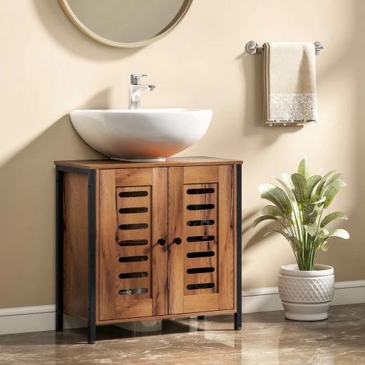 Mueble Bajo Lavabo Industrial 2 Puertas de Lamas con Cierre Magnético Estante Ajustable 60x30x60 cm Marrón Rústico