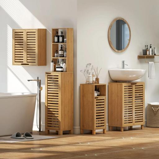 Armario de Baño de Pared de Bambú Mueble de Baño Colgante con Estante Ajustable Puertas de Lamas Natural [2]