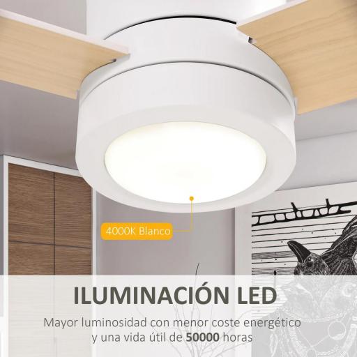 Ventilador de Techo Motor AC 48W con Luz LED Mando a Distancia 3 Velocidades y 3 Aspas de Madera Ø112x25 cm Blanco [4]
