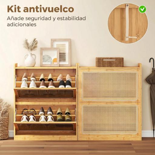Zapatero Estrecho de Bambú con 2 Cajones Abatibles de Ratán para 12-14 Pares de Zapatos 69x29x83 cm Natural [3]