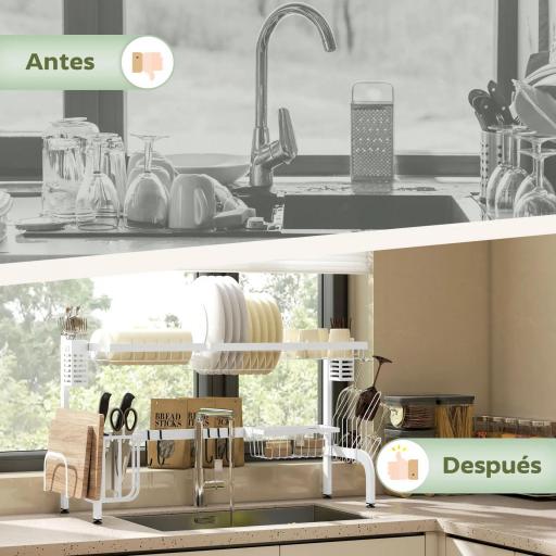 Escurreplatos de Acero de 2 Niveles para Fregadero con Soporte de Tabla de Corte y Cubiertos 100x30x54,5cm Blanco [3]