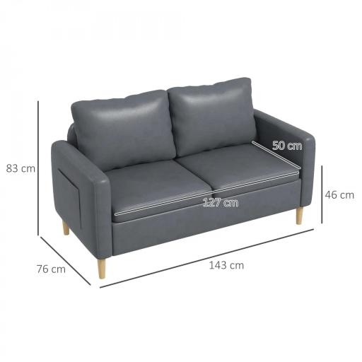 Sofá de 2 Plazas Tapizado en Poliéster con 2 Bolsillos Laterales Reposabrazos y Patas de Madera 143x76x83 cm Gris [1]