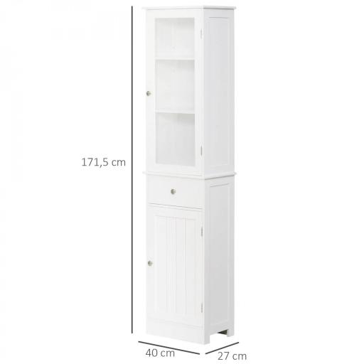 Armario de Baño Alto, Armario de Almacenaje Delgado, con Estantes Ajustables, Cajón, para Espacios Pequeños, Moderno, 40x27x171,5 cm, Blanco [1]