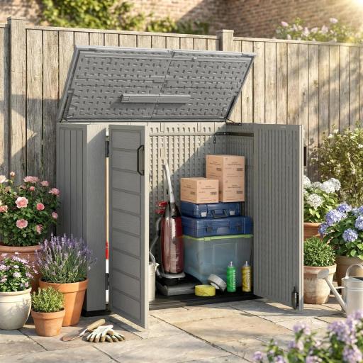 Cobertizo de Jardín de HDPE 940L con Tapa Abatible 2 Puertas Cerradura Cobertizo de Jardín 142x67x119 cm Gris Claro [1]