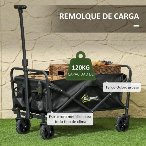 Carro de Jardín Plegable con Ruedas Asa Telescópica Ajustable Carga 120 kg para Campaña Compra 64x42x27 cm Negro [4]