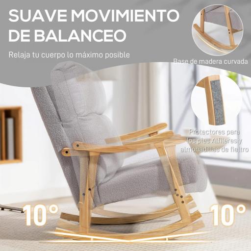 Silla Mecedora de Borreguito con Patas y Reposabrazos de Madera de Caucho Mecedora Carga 120 kg Gris Claro [2]