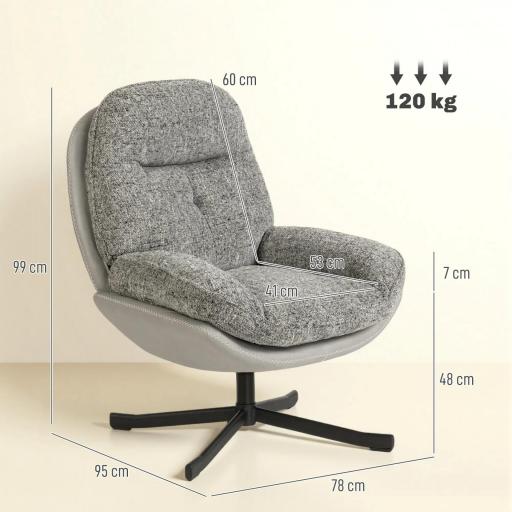 Butaca de Salón Giratoria Moderna Tapizada en Chenilla y Cuero PU con Asiento Ancho Base de Cruz Sillón Relax Gris [1]