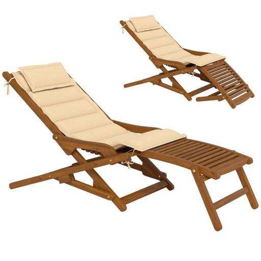 Tumbona Silla Plegable de Madera con Reposapiés Desmontable y Cojín con Reposacabezas Carga 160 kg 158x61x70 cm Beige [9]