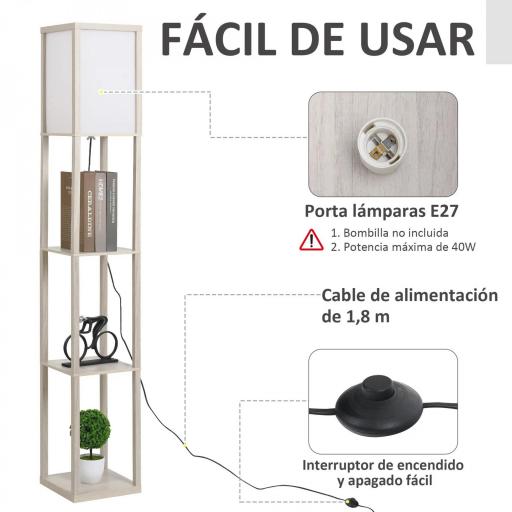 Lámpara de Pie con Estantes de Almacenaje, Lámpara de Madera Moderna, Bombilla E27, para Salón, Dormitorio, Oficina, Roble [6]
