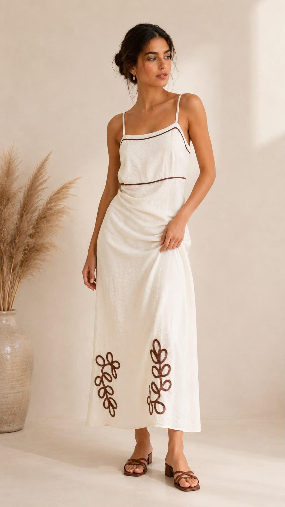 VESTIDO LARGO TIRANTE DETALLES MARRONES