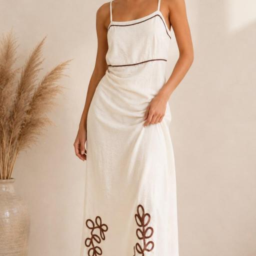 VESTIDO LARGO TIRANTE DETALLES MARRONES 