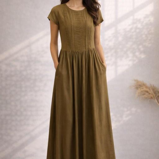 VESTIDO LARGO MANGA CORTA CON DETALLES PLIZADOS 