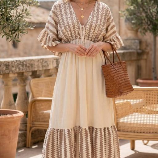 VESTIDO LARGO ALGODON CON BORDADO Y ENCAJE 
