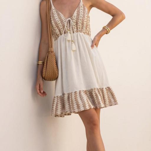 VESTIDO CORTO ALGODON CON ENCAJE Y BORDADO 
