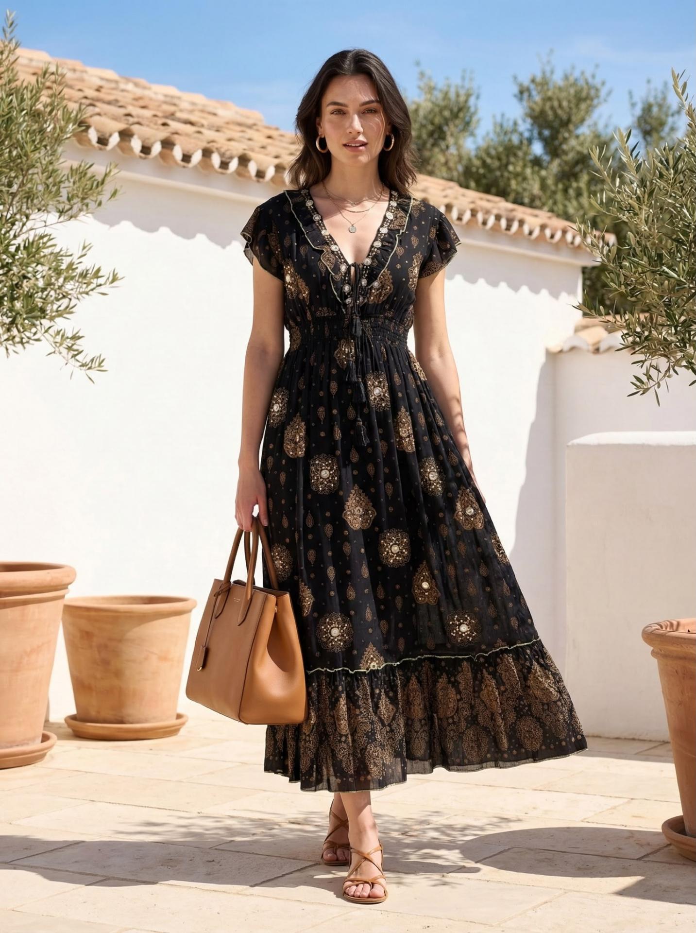VESTIDO BLOCK PRINT BORDADO ALGODON
