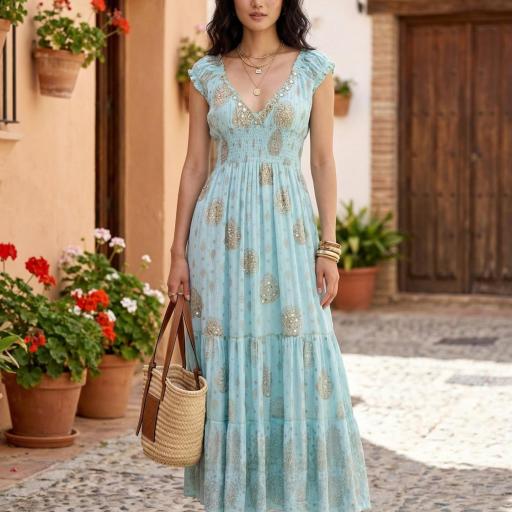 VESTIDO LARGO BLOCKPRINT BORDADO  [3]