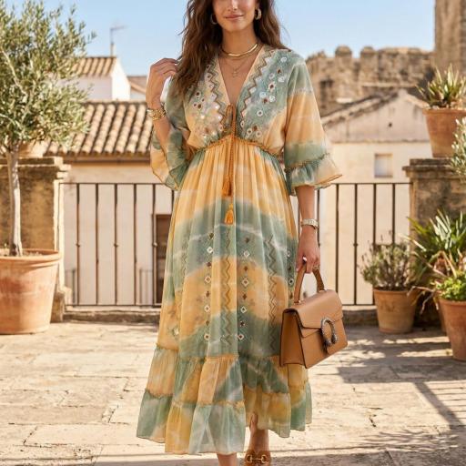 VESTIDO TIE DYE BORDADO ESCOTE V 