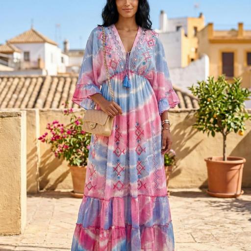 VESTIDO TIE DYE BORDADO ESCOTE V  [3]