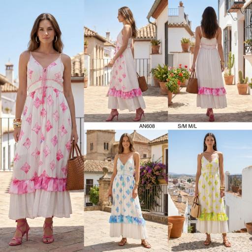 VESTIDO LARGO TIRANTE FINO BORDADO FLOTES 