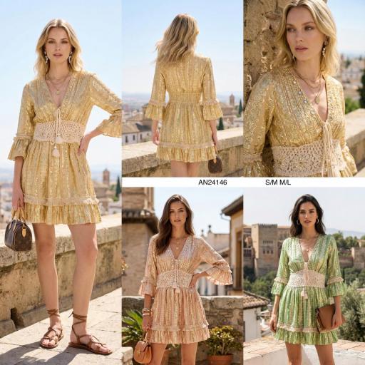 VESTIDO CORTO LUREX CON CROCET Y BORDADO 