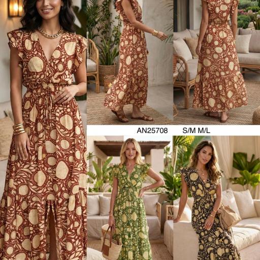 VESTIDO LARGO ESTAMPADO  CUELLO CRUZADO 