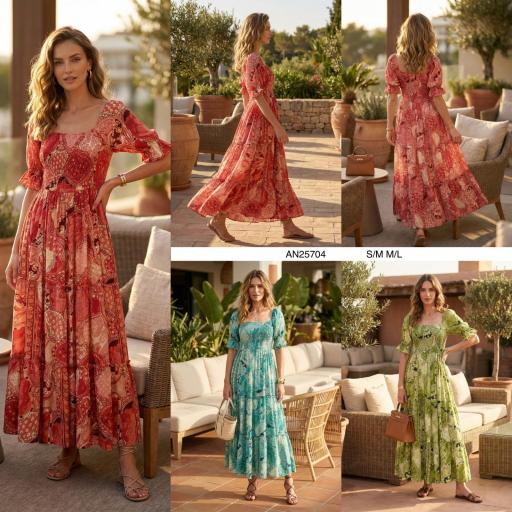 VESTIDO LARGO ESTAMPADO PECHO ENGOMADO 