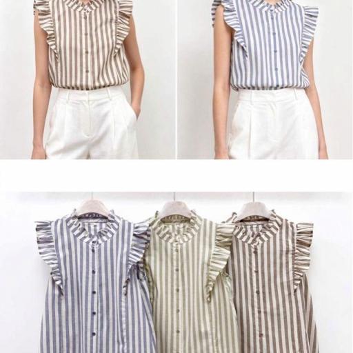 BLUSA DE  RAYAS  CON BOTONES  FRONTALES, CUELLO REDONDO CON BOLANTE 