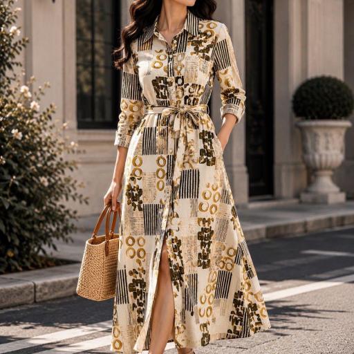VESTIDO CAMISERO CON CINTURON DE TELA DEL MISMO ESTAMPADO  [0]