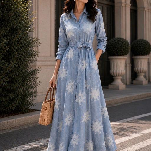 VESTIDO CAMISERO LARGO  CON BOLSILLOS LATERALES INTEGRADOS  [0]