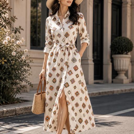 VESTIDO CAMISERO CON CINTURON DE TELA DEL MISMO ESTAMPADO  [0]