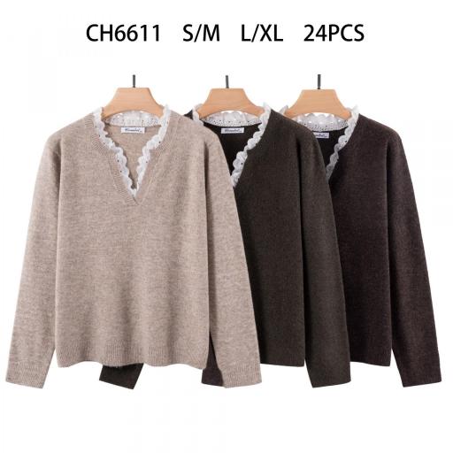 JERSEY DE PUNTO CUELLO V DECORADO CON ENCAJE 