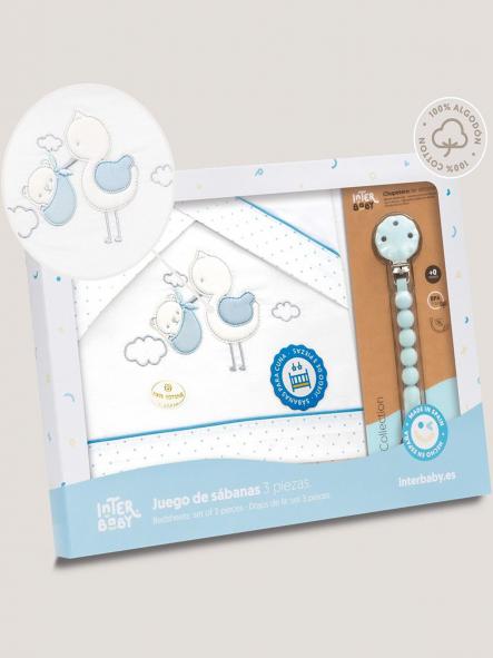 Juego de sabanas para cuna chupetero  INTERBABY "cigüeña y osito"  [0]
