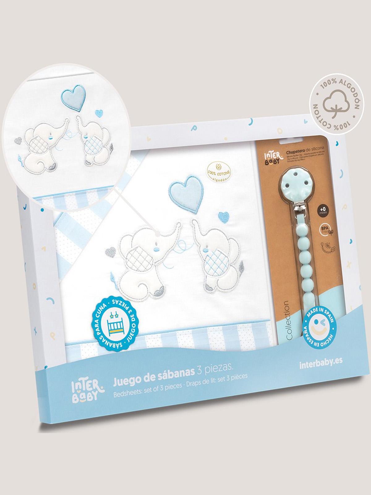 Juego de sabanas para cuna chupetero INTERBABY "elefantes"