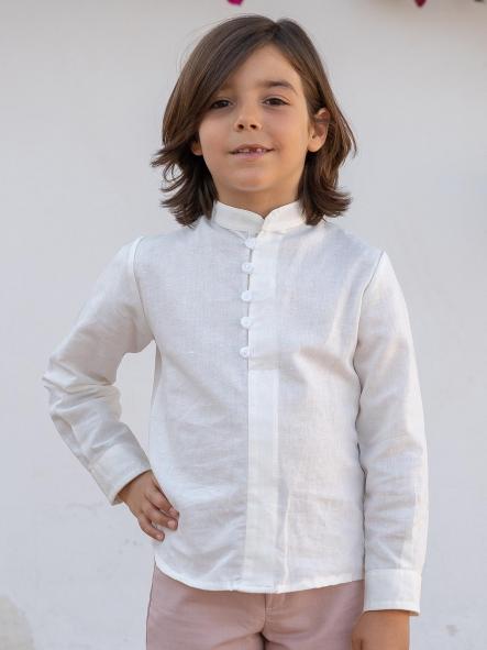 Camisa manga larga cuello mao  EVA MARTINEZ ceremonia y arras lino crudo