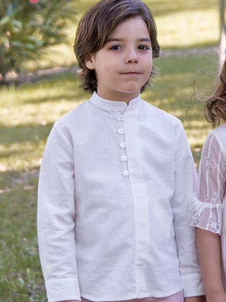 Camisa manga larga cuello mao  EVA MARTINEZ ceremonia y arras lino crudo [3]