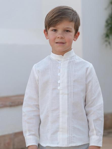 Camisa manga larga cuello mao  EVA MARTINEZ ceremonia y arras lino jaretas crudo [0]