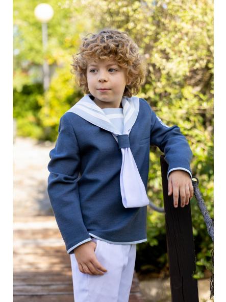 Traje marinero de comunión Eslora Calabria 2027 detalle espalda azul marino blanco y celeste