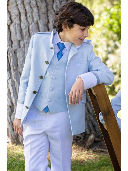 Traje comunión Eslora Nimes 2027 con chaleco celeste y pantalón blanco [1]